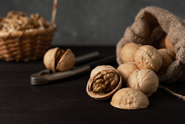 walnuts opened by the nutcracker on the table