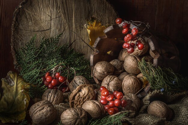 Walnuts and other fruits on dark wooden background