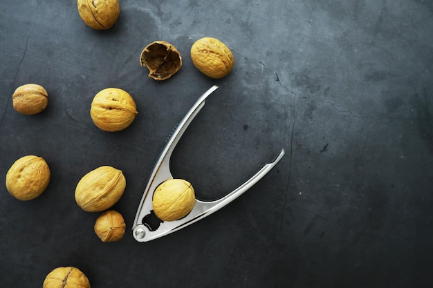 Walnuts in a shell on a gray background. Nutcracker and scattering of nuts.