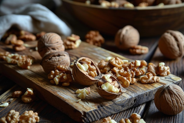 Photo walnuts whole unpeeled and cracked peeled on a wooden board on a rustic table