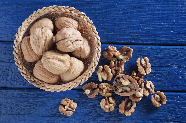 Walnuts in wicker bowl