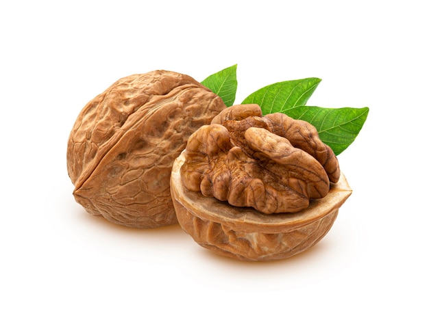 Walnuts with leaves isolated on white background