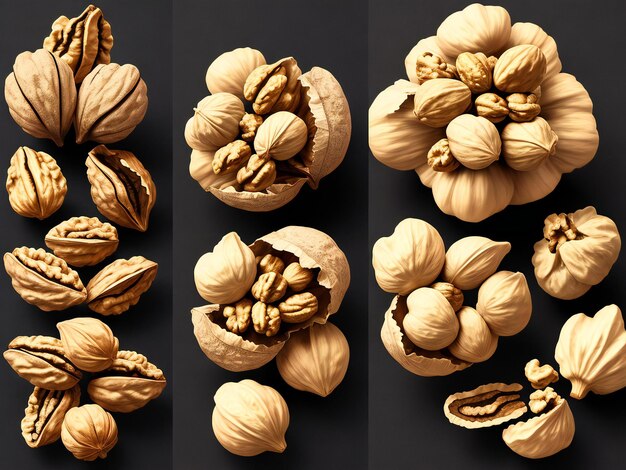 Walnuts with and without shells filling the view on dark background ai generated