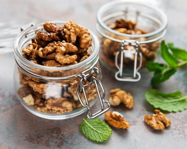 Walnuts  without shell on a concrete background