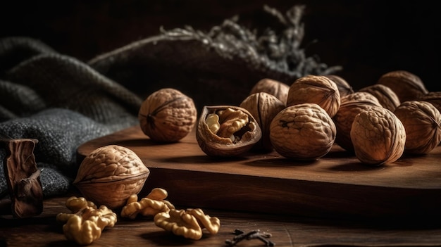 Walnuts on wooden board Generative ai