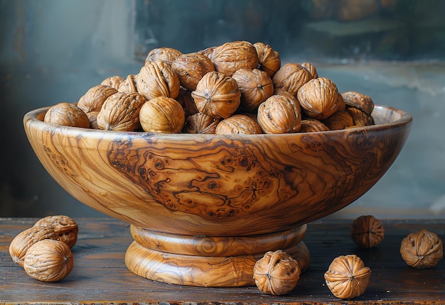 walnuts in wooden bowl on a walnut pit