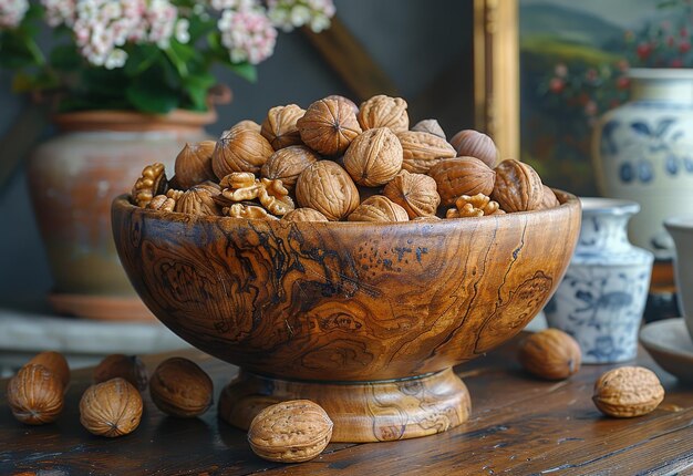 Орехи в деревянной чаше Орехи в древесной чаше на ореховой яме