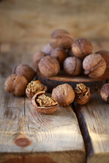 Walnuts on a wooden surface