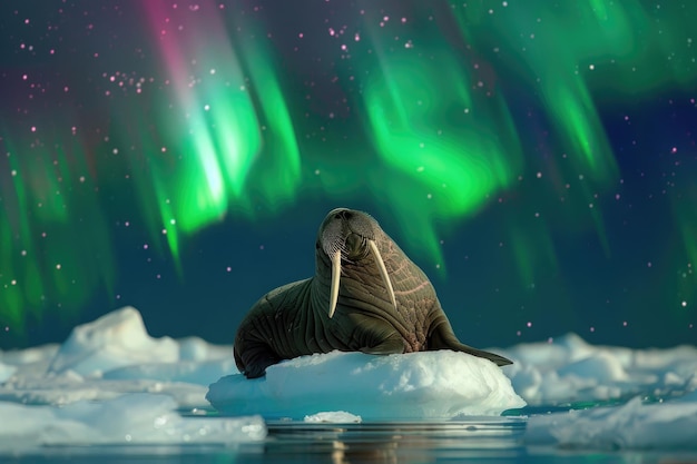 A walrus rests on an ice floe under the Northern Lights