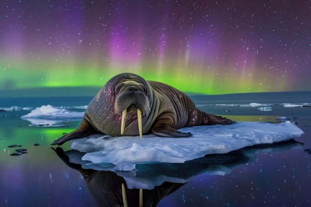 A walrus rests on an ice floe under the Northern Lights