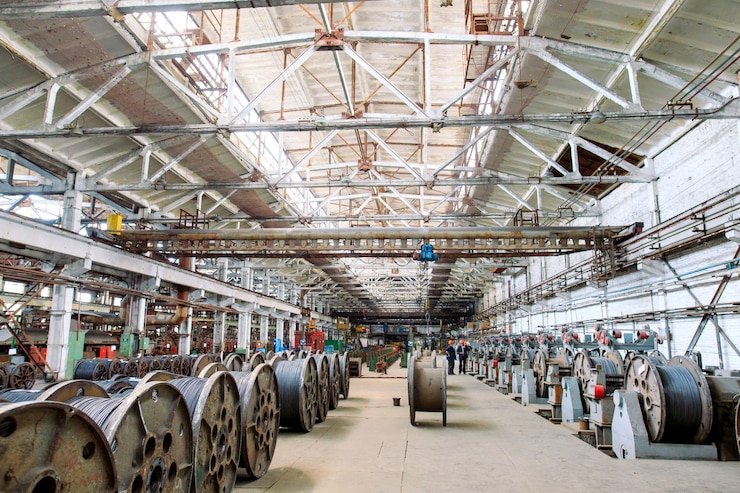 Foto walsdraad, hulpstukken in magazijnen. industrieel pakhuis bij de metallurgische fabriek.
