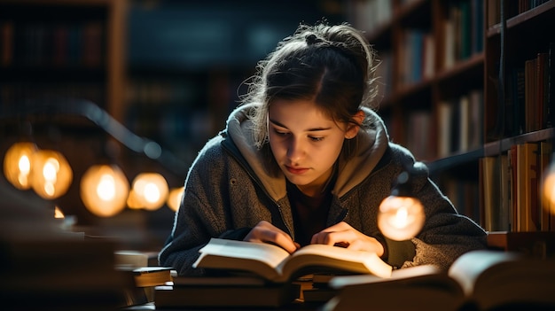 Photo wam lamp light girl is reading the book in cozy library beautiful illustration picture generative ai