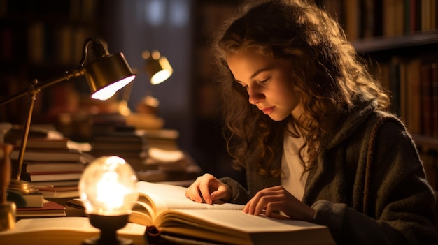 Photo wam lamp light girl is reading the book in cozy library beautiful illustration picture generative ai