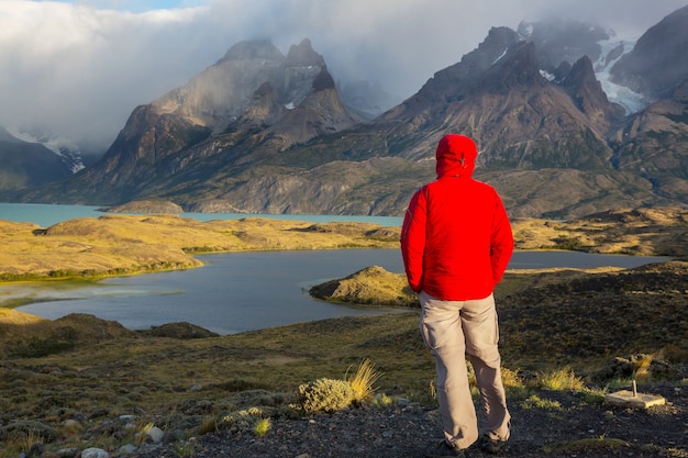 Wandel bij het prachtige berglandschap in het Torres Del Paine National Park, Chili