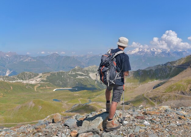 Wandelaar bij hoogste berg die alpien landschap kijkt