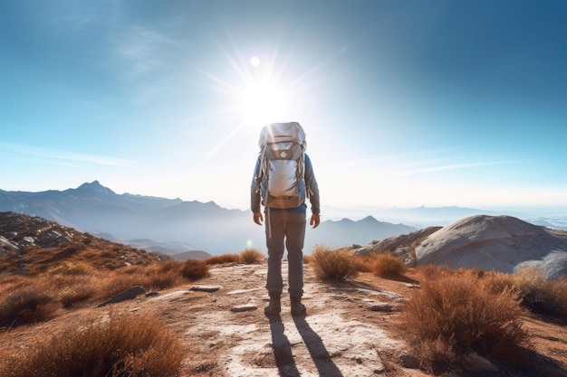 Wandelaar bij zonsondergangbergen met rugzak Buitenvakantie alleen in het wild Generatieve AI