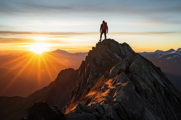 Wandelaar die een bergtop bereikt tijdens zonsopgang