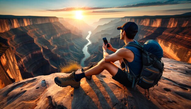 Wandelaar fotografeert zonsondergang bij de Grand Canyon