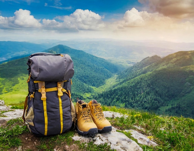 wandelaar grijze tas met wandelschoenen tijdens trek pauze van wandelen in de zomer bergen