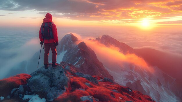 Foto wandelaar in rood jasje op een bergtop bij zonsondergang in het panoramische beeld