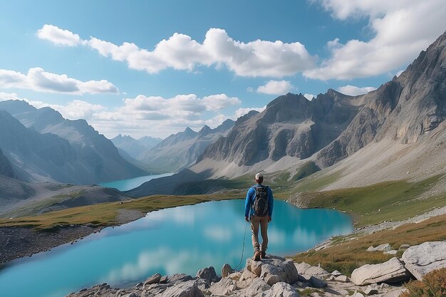 Wandelaar kijkt uit op het idyllische blauwe alpine meer hoog op de bergen schilderachtig landschap rotsachtig terrein bij