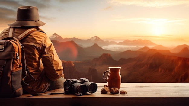 Wandelaar met rugzak en camera op houten tafel voor een prachtig landschap