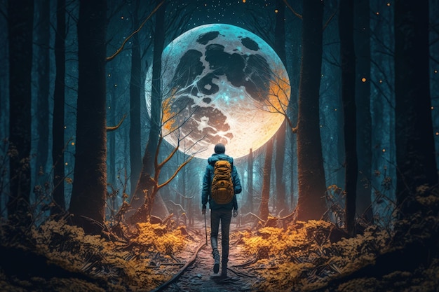 Wandelaar met rugzak wandelen in het bos 's nachts Generatieve AI