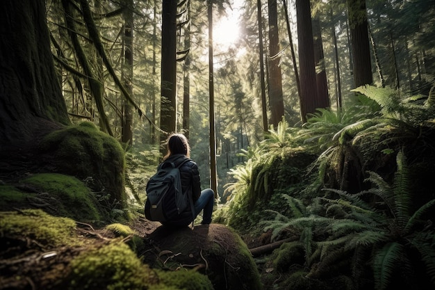 Wandelaar omringd door de schoonheid van het bos genietend van een vredig moment gecreëerd met generatieve AI