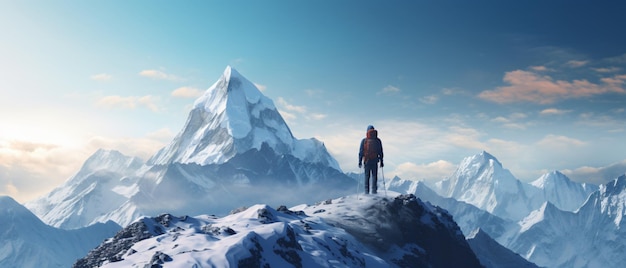 Wandelaar op de top van een besneeuwde berg