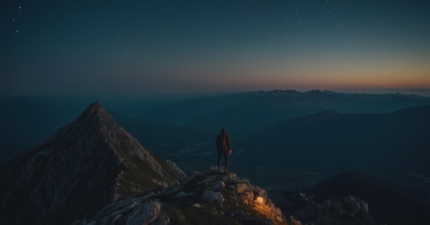 Foto wandelaar's nachts op de top van de berg
