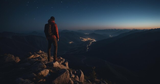 Foto wandelaar's nachts op de top van de berg