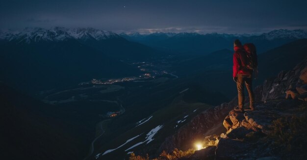 Foto wandelaar's nachts op de top van de berg