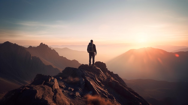 Wandelaar staat op de top van een moeilijke bergbeklimming om te worden begroet met een prachtig uitzicht op de zonsopgang Generatieve AI