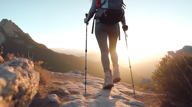 Wandelaar vrouw met trekkingstokken klimt steil op bergpadGenerative Ai