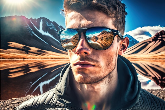 Wandelaarportret met zonnebrilbezinning van wonderlijke bergweg en hemel