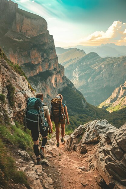 Wandelaars die door bergpaden trekken hoog in het berglandschap van de natuur