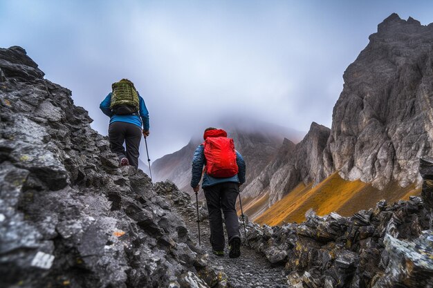 Wandelaars die een ruig bergpad oversteken