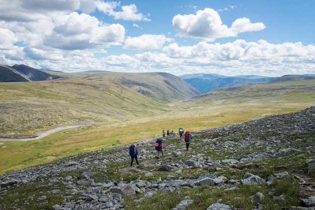 Wandelaars in de bergen, team van toeristen met rugzakken die naar het bergpad gaan, zomerrecreatie en sportactiviteiten