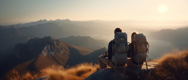 Wandelaars met rugzakken zitten en ontspannen op de top van een berg Generatieve AI