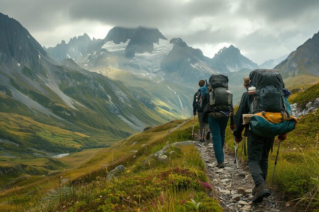 Wandelaars wandelen langs kronkelende bergwegen hun bac generative ai