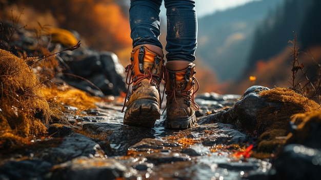 Wandelaarslaarzen op een rots in bergen Generatieve Ai