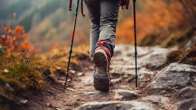 Wandelaarvrouw met trekkingstok klimt steil op berg Generatieve AI