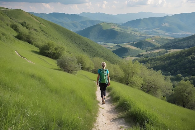 Wandelen in de bergen van de regio Umbrië Monte Cucco Appennino Italië vrouw wandelen in het groene landschap