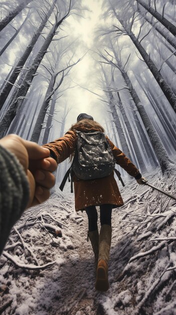 Foto wandelen in het bos achtergrondbeeld van een vrouw met trekkingstokken in het winterwoud