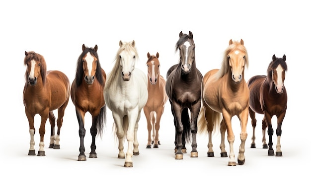 Foto wandelen kleurrijke verschillende paardenrassen collectie geïsoleerd op een witte achtergrond