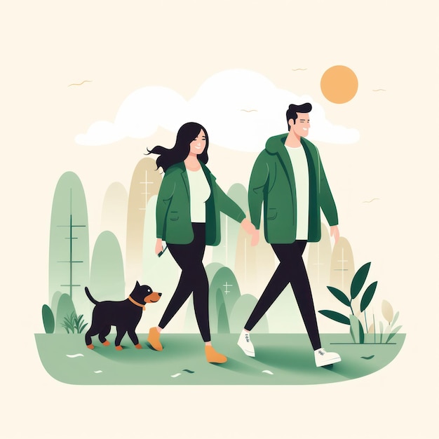 Foto wandelen met hond en echtpaar in het buurtpark voor ontspanning gezondheid en sport workout liefde wellness een