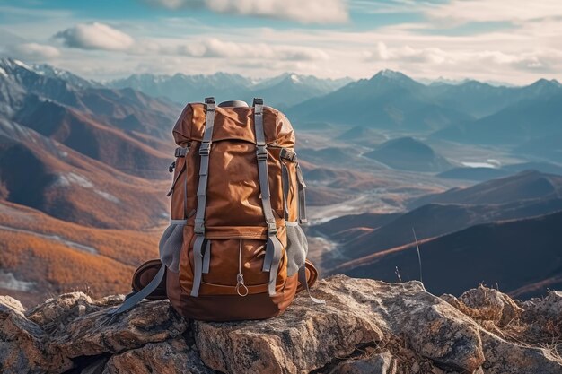 Foto wandelen rugzak op de achtergrond van bergen generatieve ai-technologie