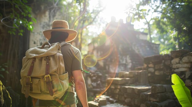 Wandelende canvas rugzak onverschrokken reiziger die verborgen oude ruïnes ontdekt diep in het hart van de jungle Fotografie achtergrondverlichting Lens Flare Panoramische uitzicht