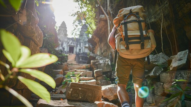 Wandelende canvas rugzak onverschrokken reiziger die verborgen oude ruïnes ontdekt diep in het hart van de jungle Fotografie achtergrondverlichting Lens Flare Panoramische uitzicht