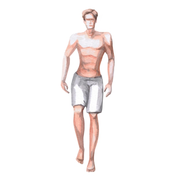 Wandelende jonge man met een sterke romp in sportshorts geïsoleerde aquarel illustratie van een surfer voor het ontwerp van toeristische brochures mannen cosmetica sportwinkels